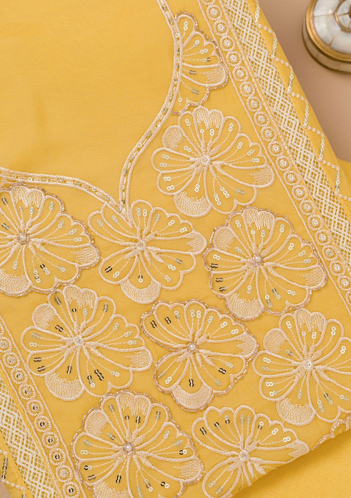 Yellow Threadwork Semi Crepe Unstitched Salwar Suit-Koskii