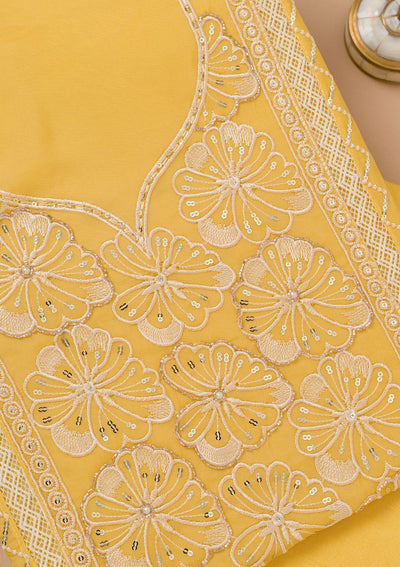 Yellow Threadwork Semi Crepe Unstitched Salwar Suit-Koskii