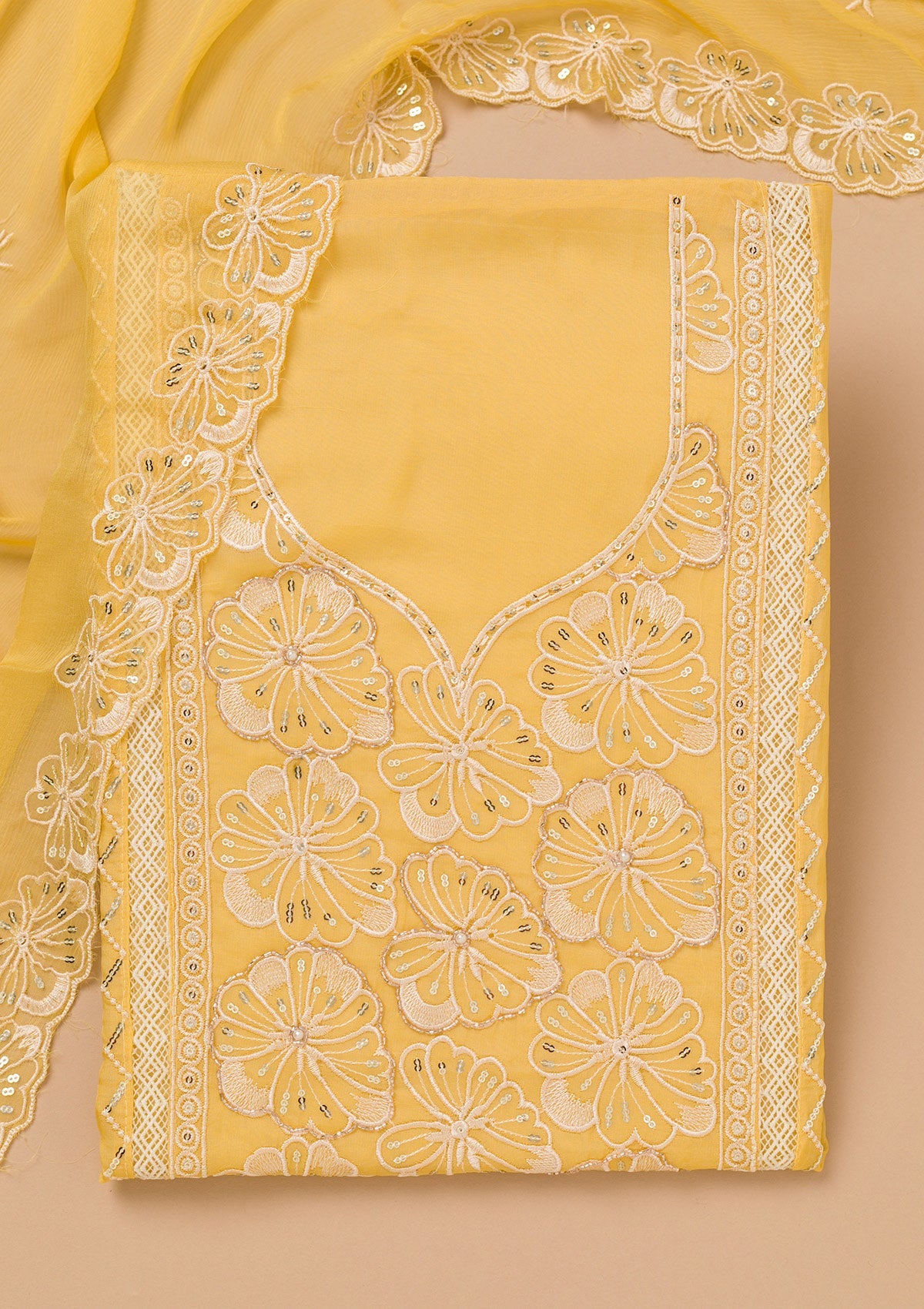 Yellow Threadwork Semi Crepe Unstitched Salwar Suit-Koskii