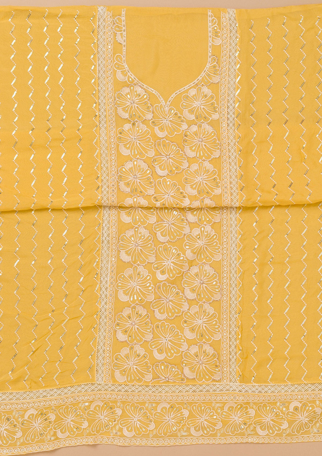 Yellow Threadwork Semi Crepe Unstitched Salwar Suit-Koskii