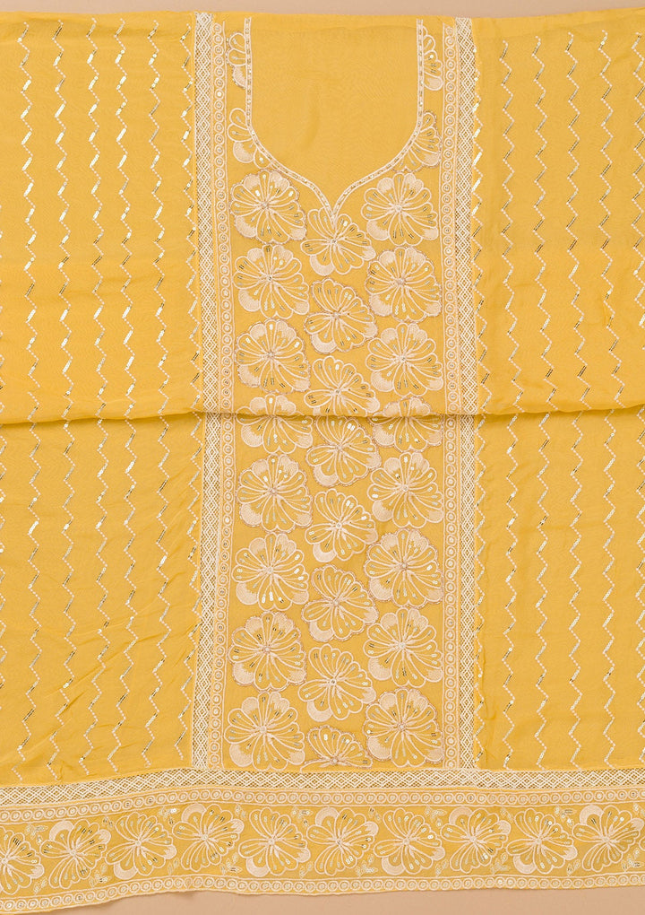 Yellow Threadwork Semi Crepe Unstitched Salwar Suit-Koskii