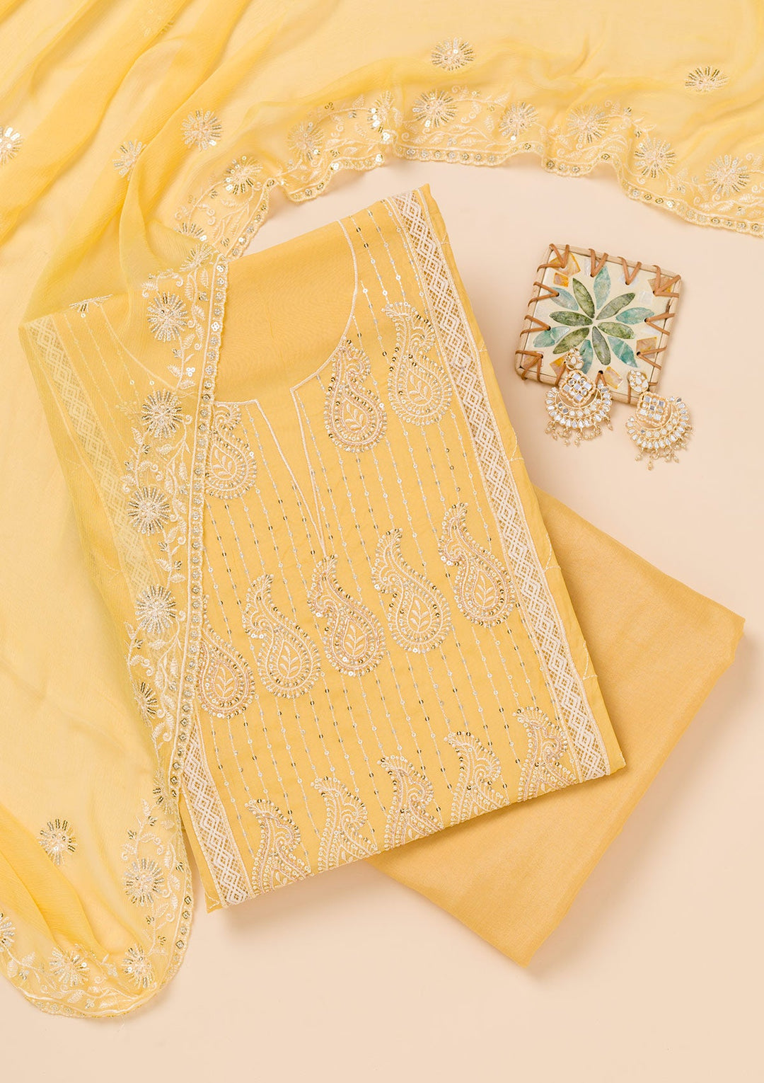 Yellow Threadwork Semi Crepe Unstitched Salwar Suit-Koskii