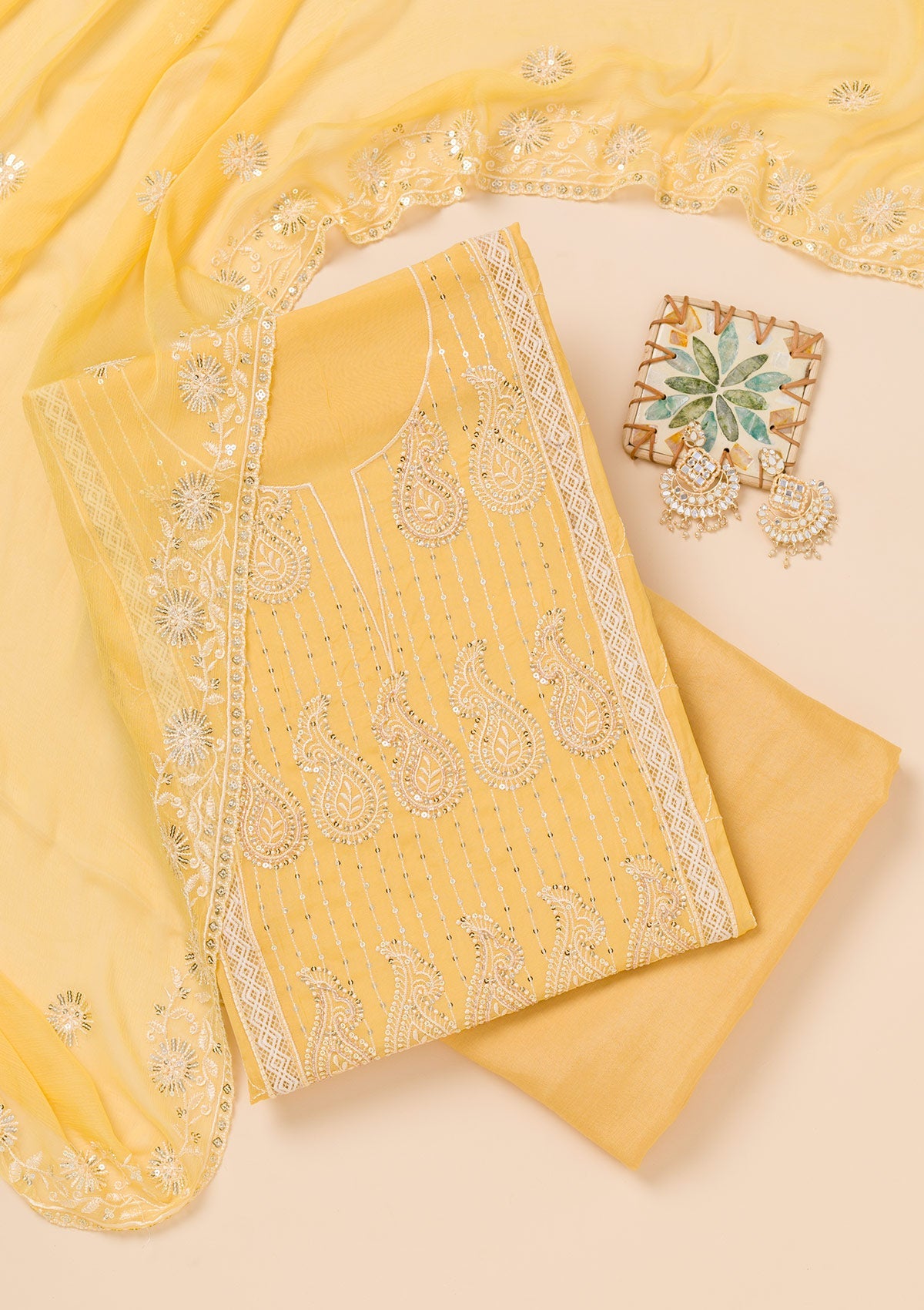 Yellow Threadwork Semi Crepe Unstitched Salwar Suit-Koskii