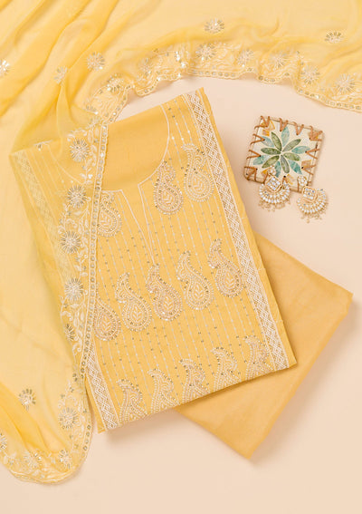 Yellow Threadwork Semi Crepe Unstitched Salwar Suit-Koskii