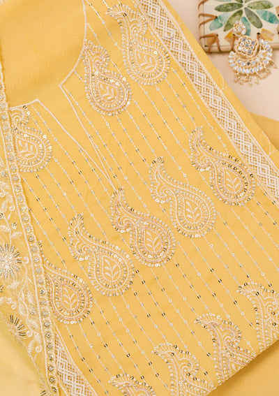 Yellow Threadwork Semi Crepe Unstitched Salwar Suit-Koskii