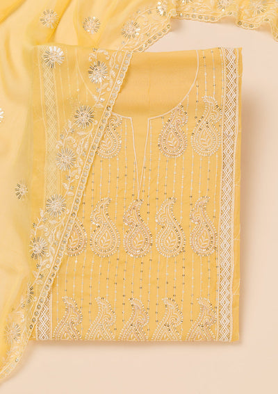 Yellow Threadwork Semi Crepe Unstitched Salwar Suit-Koskii