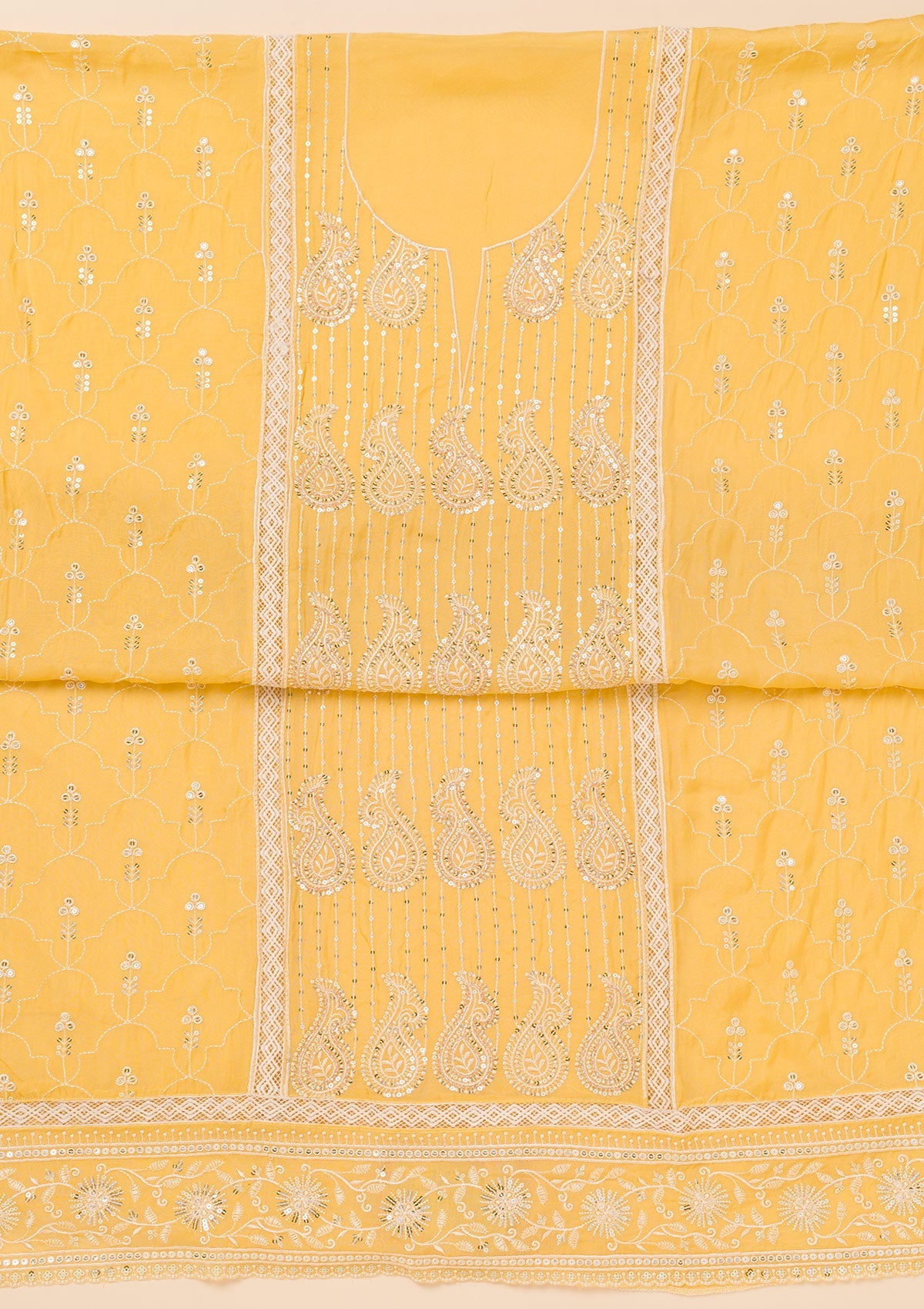 Yellow Threadwork Semi Crepe Unstitched Salwar Suit-Koskii