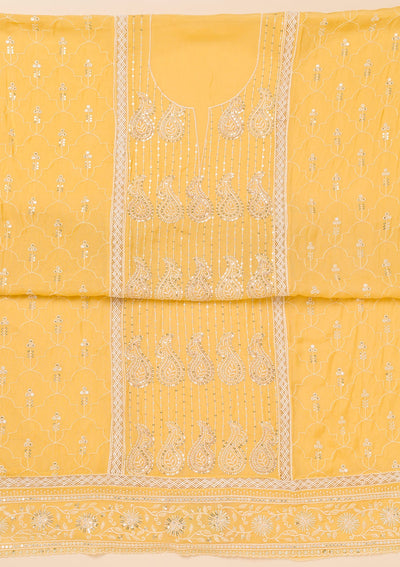 Yellow Threadwork Semi Crepe Unstitched Salwar Suit-Koskii