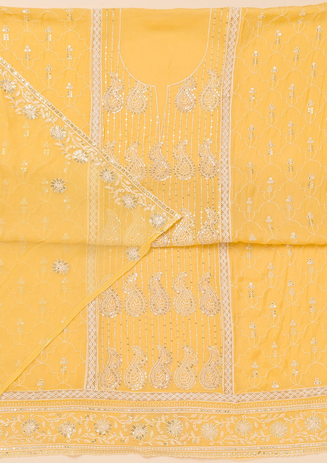Yellow Threadwork Semi Crepe Unstitched Salwar Suit-Koskii