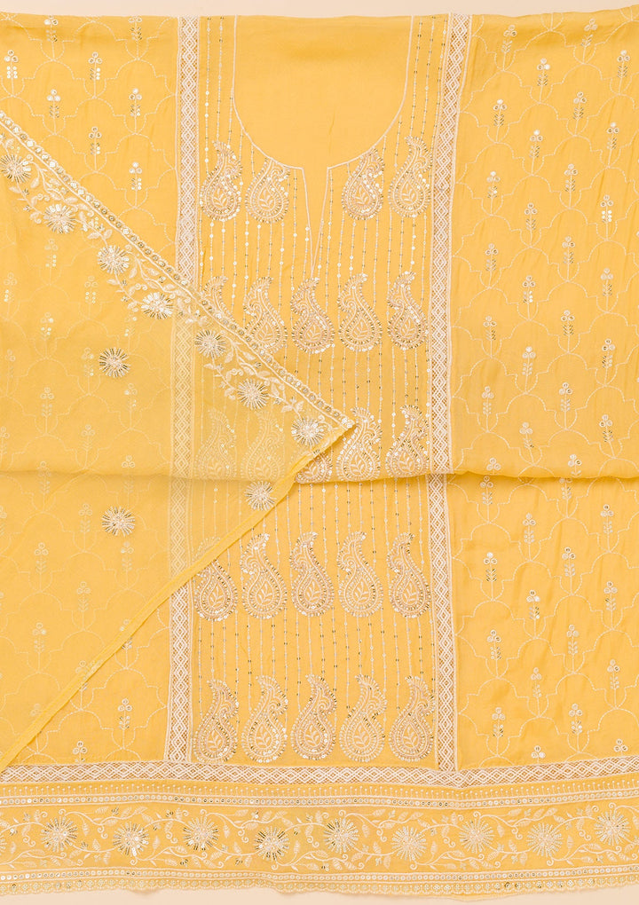 Yellow Threadwork Semi Crepe Unstitched Salwar Suit-Koskii