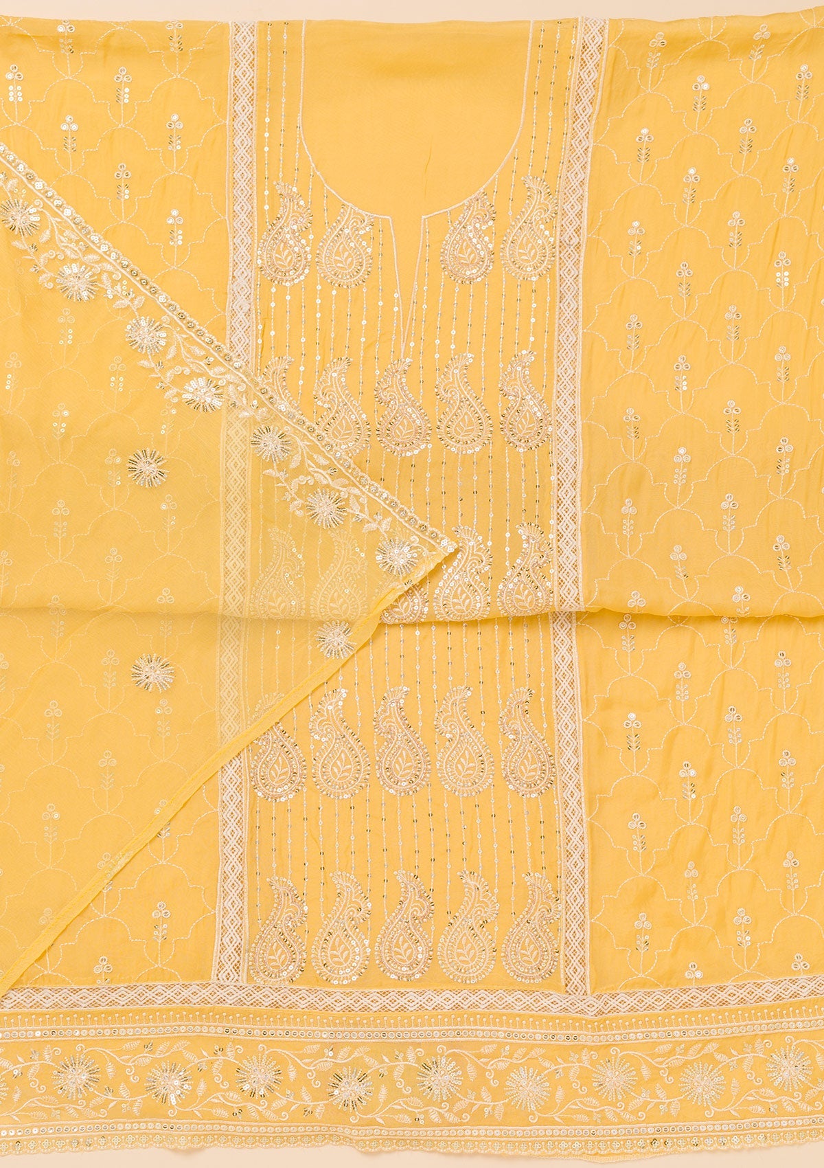 Yellow Threadwork Semi Crepe Unstitched Salwar Suit-Koskii