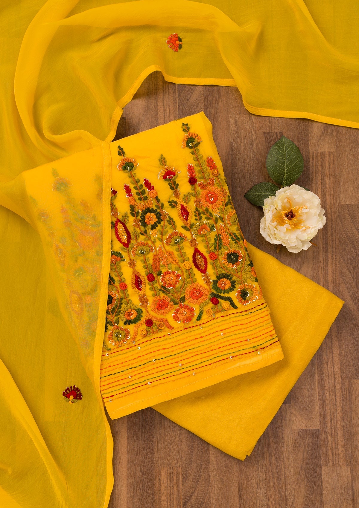 Yellow Threadwork Semi Crepe Unstitched Salwar Suit-Koskii