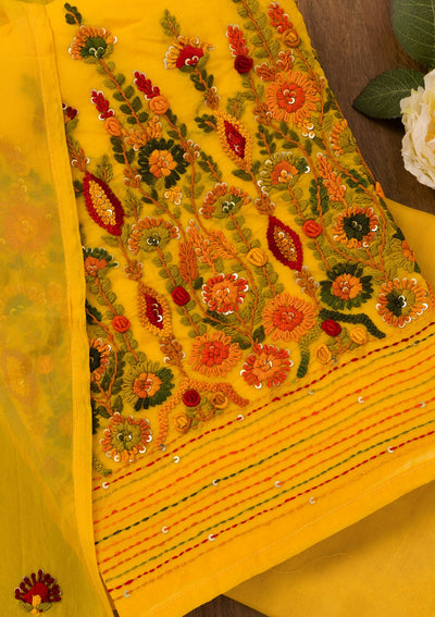 Yellow Threadwork Semi Crepe Unstitched Salwar Suit-Koskii