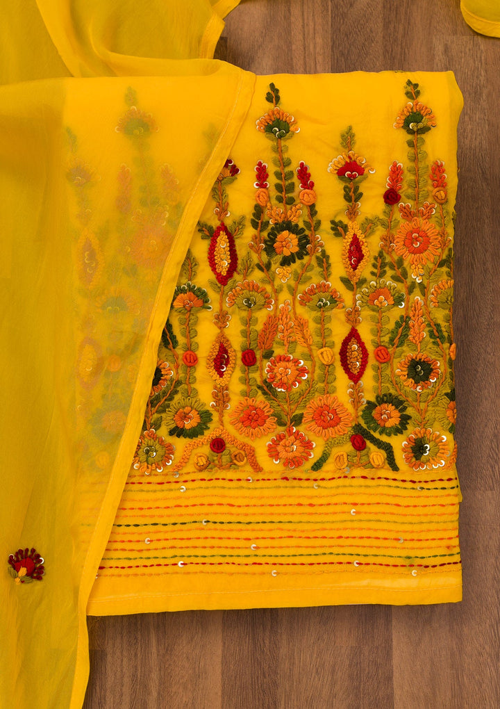 Yellow Threadwork Semi Crepe Unstitched Salwar Suit-Koskii