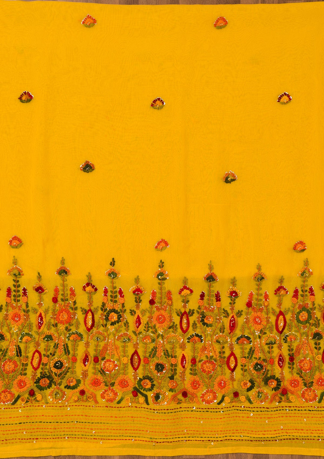 Yellow Threadwork Semi Crepe Unstitched Salwar Suit-Koskii