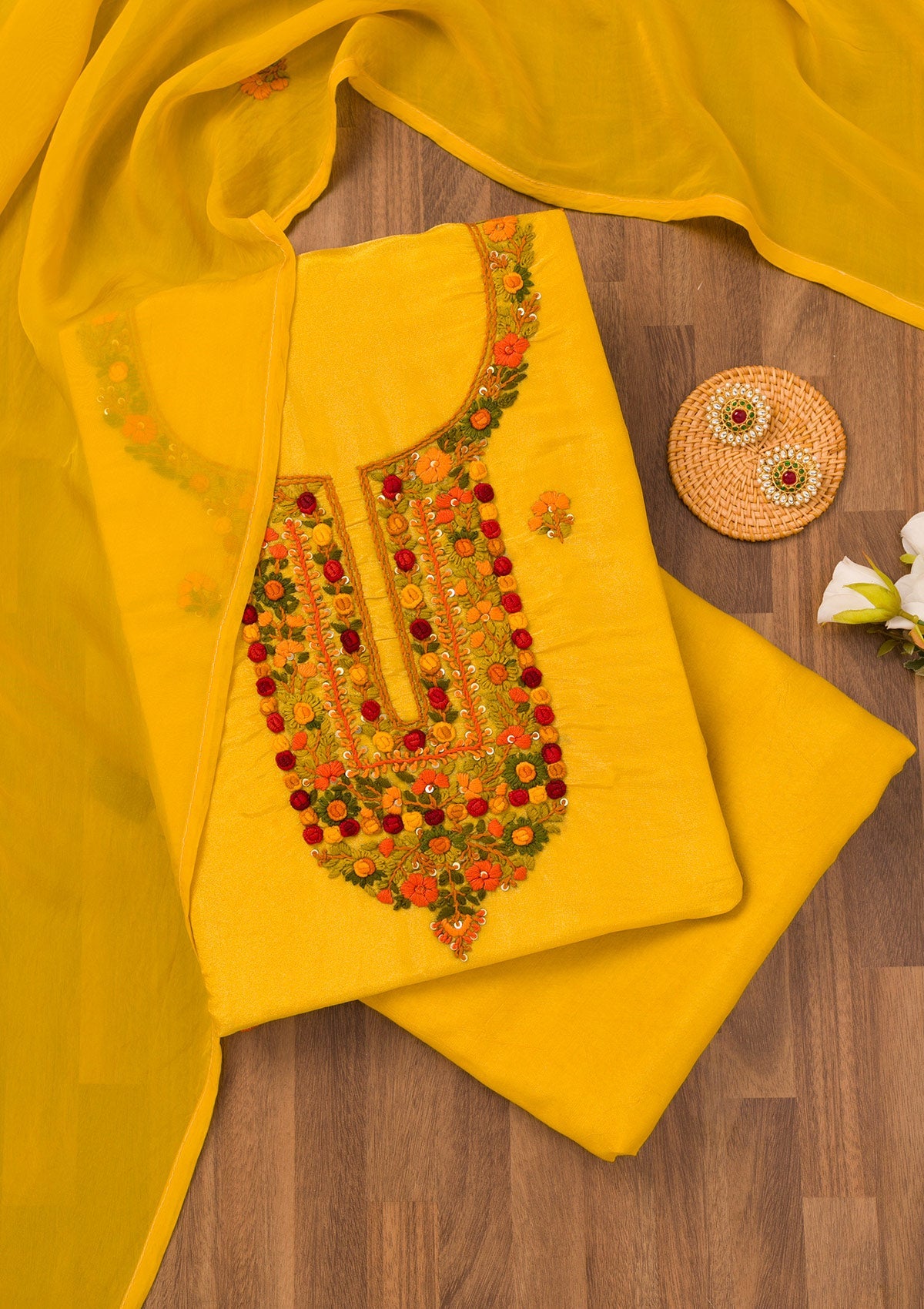 Yellow Threadwork Semi Crepe Unstitched Salwar Suit-Koskii