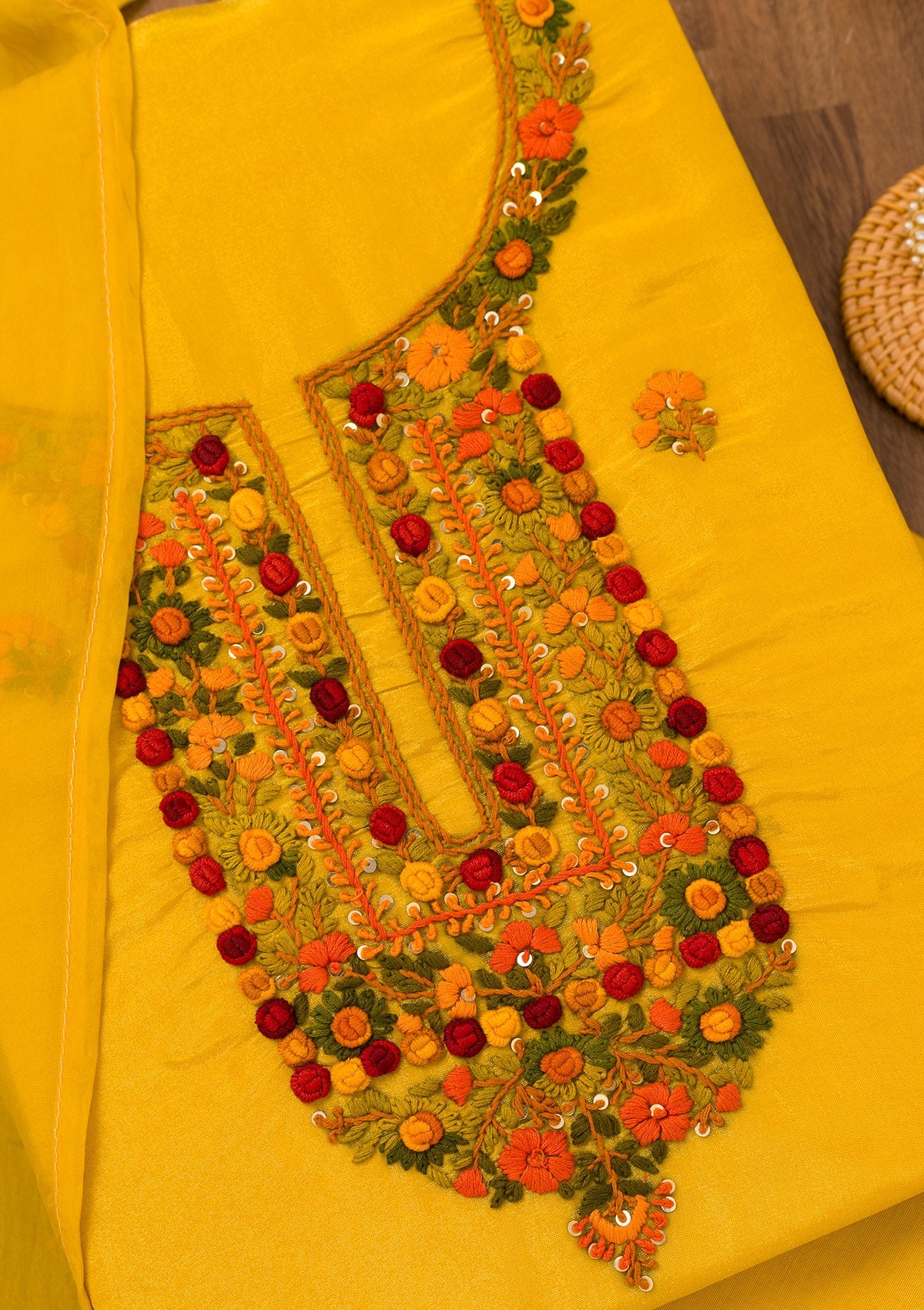 Yellow Threadwork Semi Crepe Unstitched Salwar Suit-Koskii