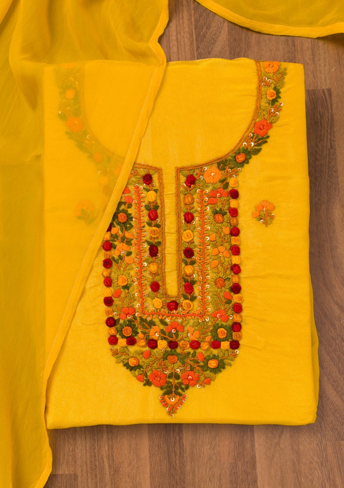 Yellow Threadwork Semi Crepe Unstitched Salwar Suit-Koskii