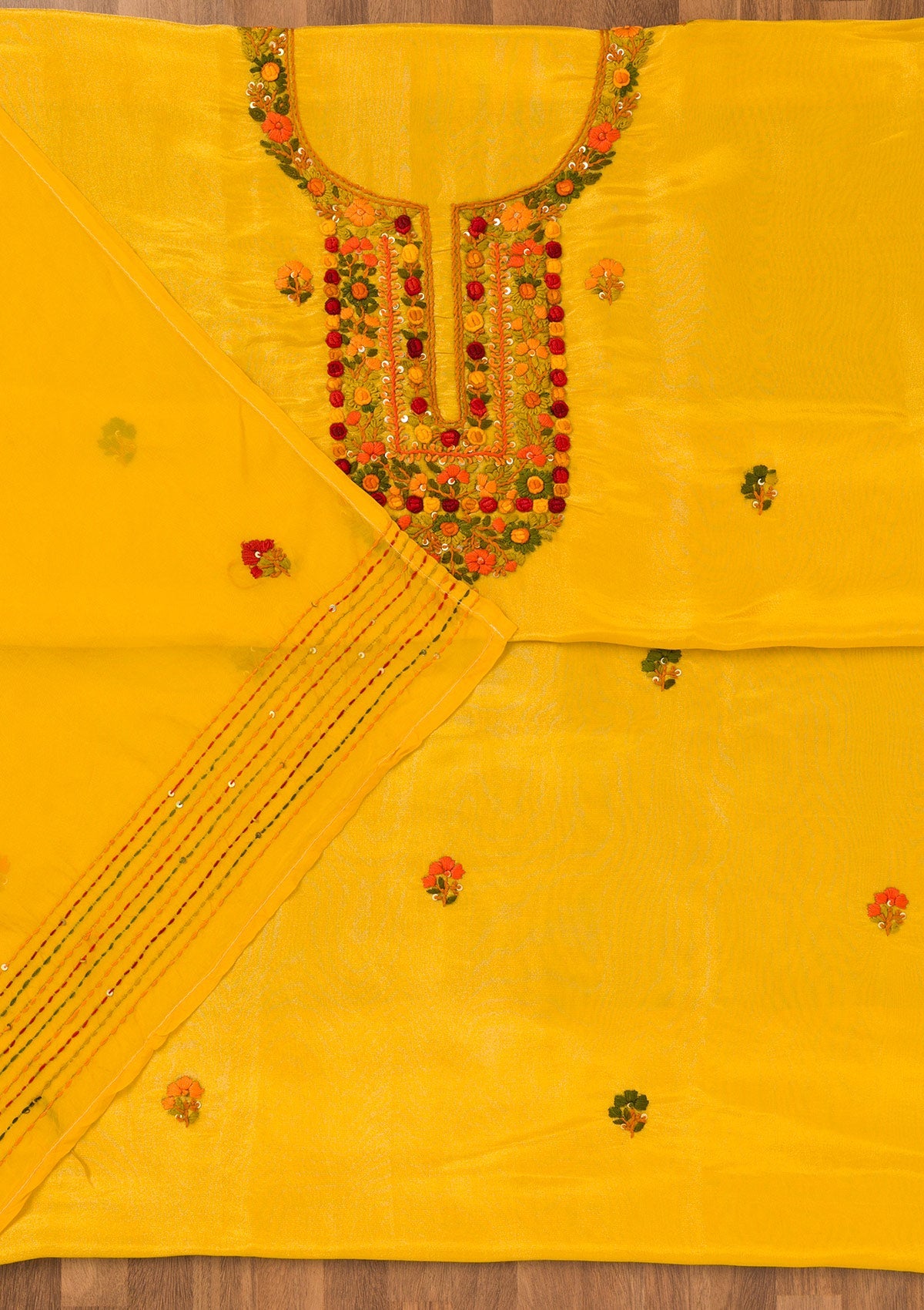 Yellow Threadwork Semi Crepe Unstitched Salwar Suit-Koskii