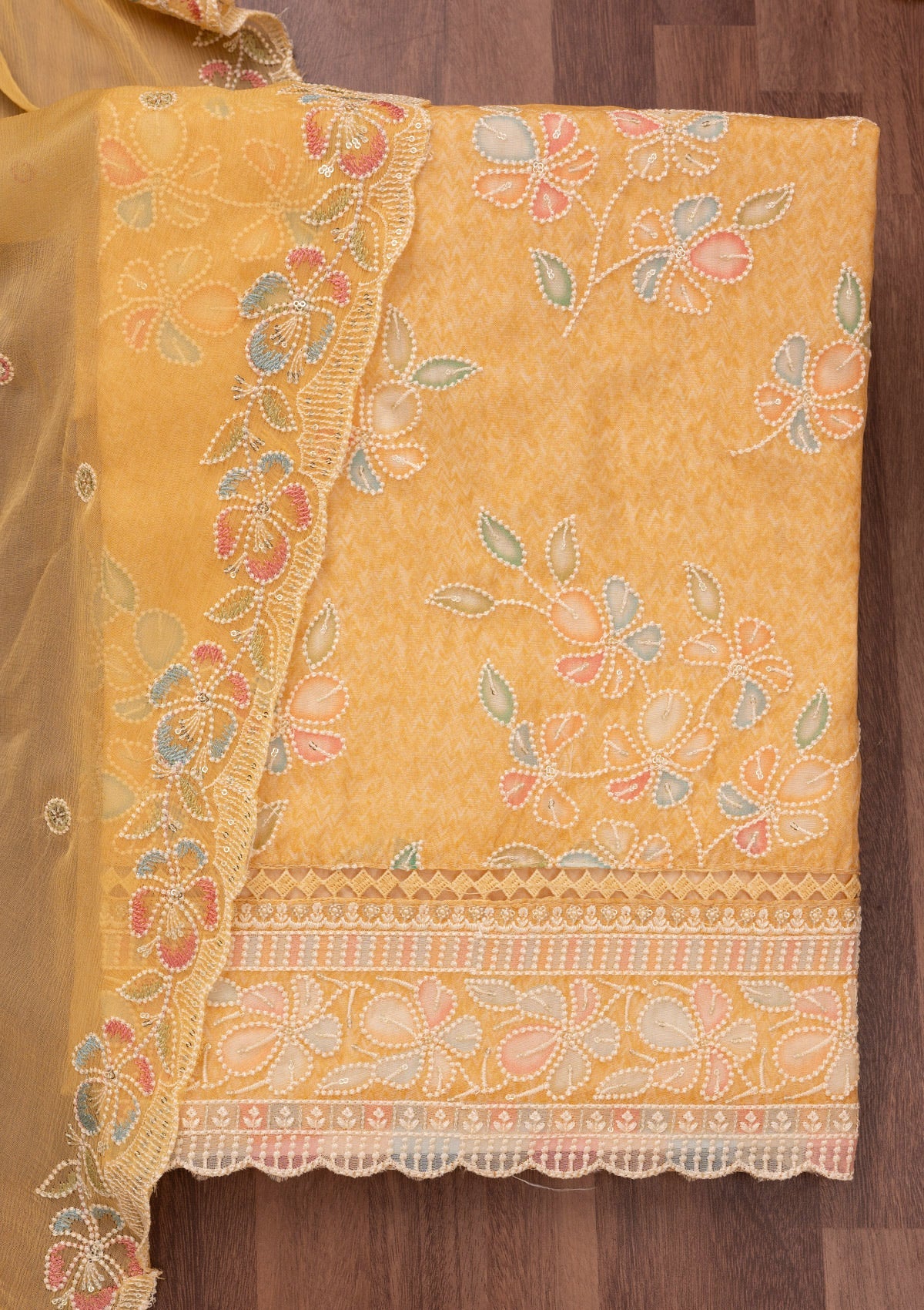 Yellow Threadwork Semi Crepe Unstitched Salwar Suit-Koskii