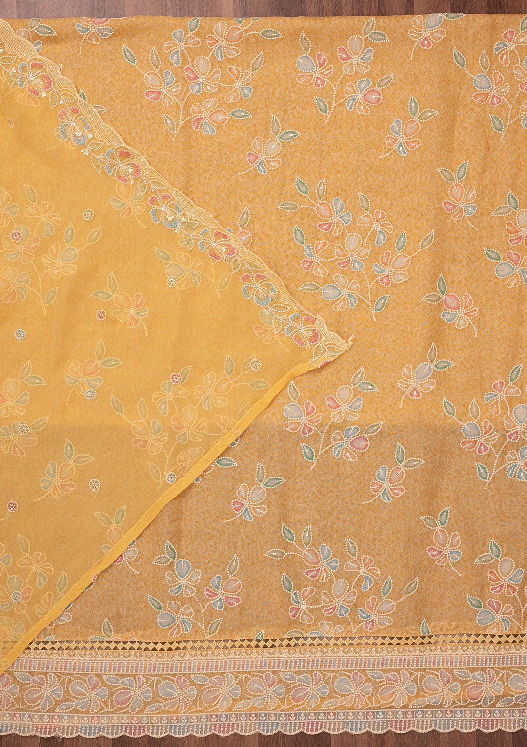Yellow Threadwork Semi Crepe Unstitched Salwar Suit-Koskii