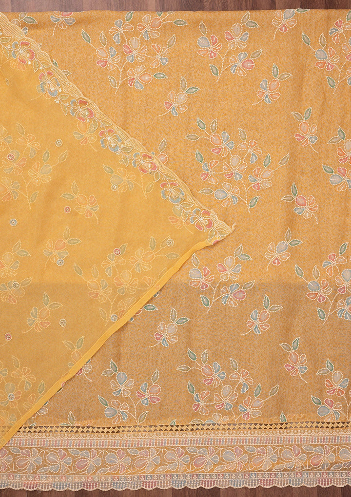 Yellow Threadwork Semi Crepe Unstitched Salwar Suit-Koskii