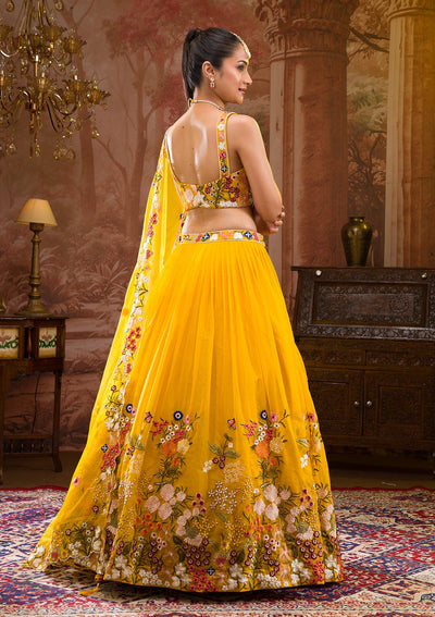 Yellow Threadwork Tissue Readymade Lehenga-Koskii