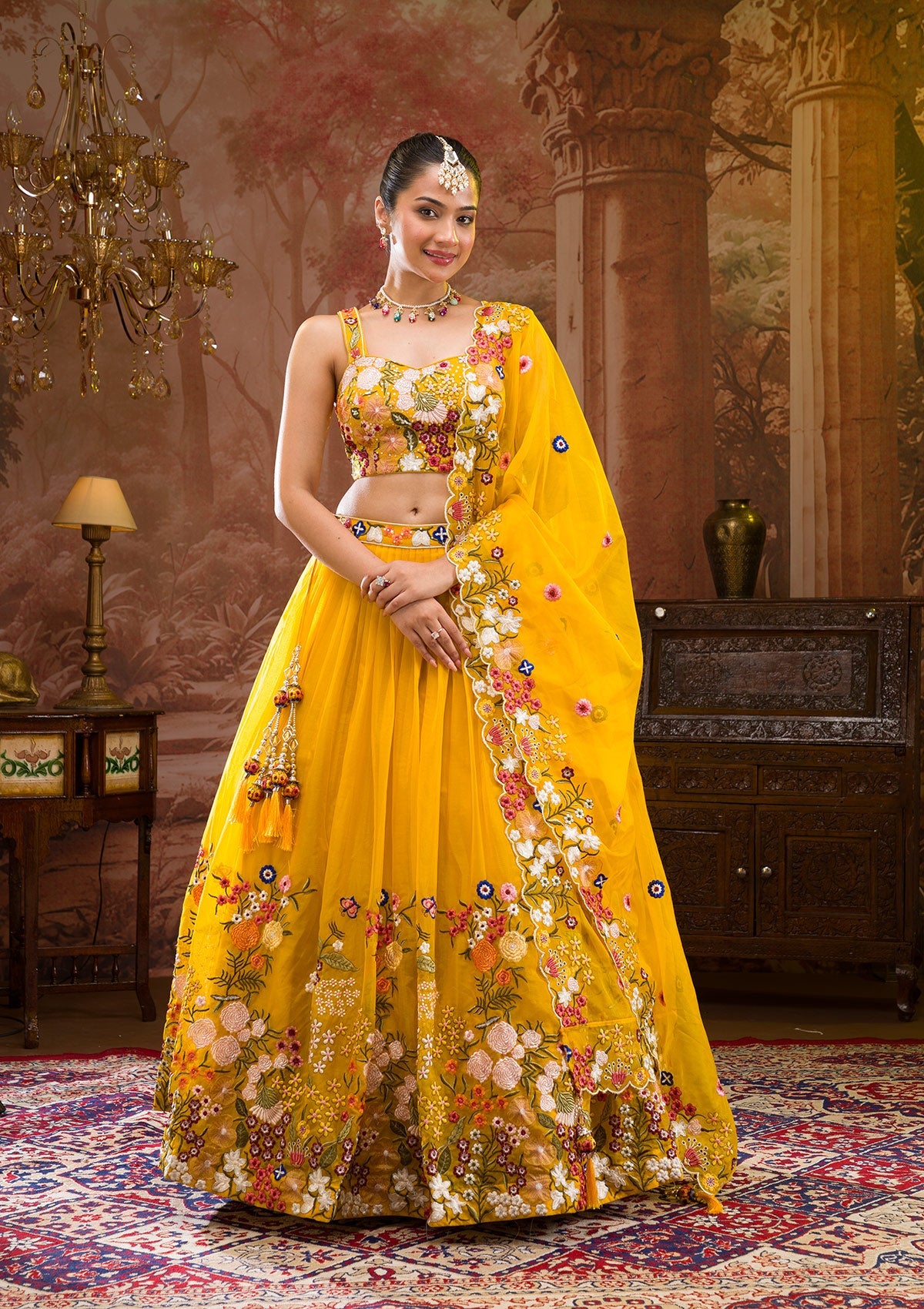 Yellow Threadwork Tissue Readymade Lehenga-Koskii