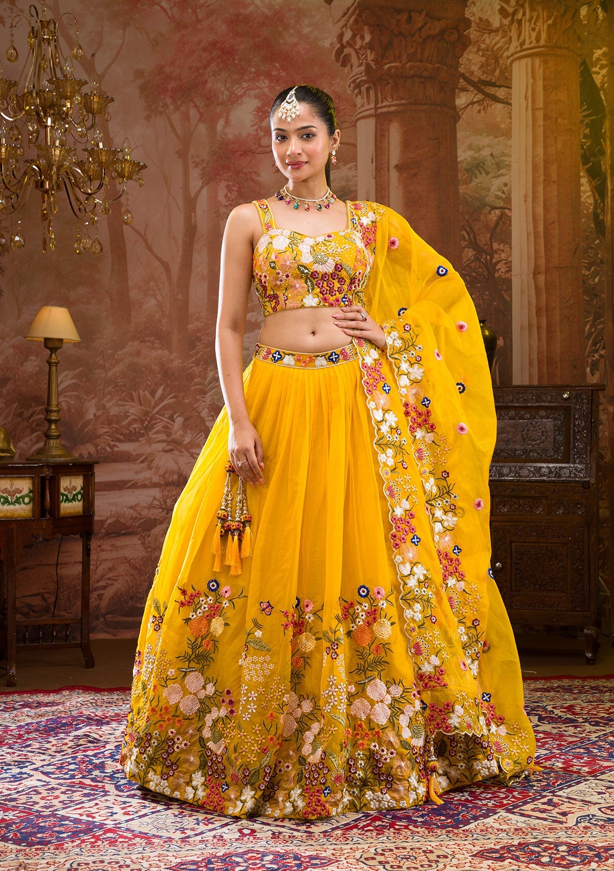 Yellow Threadwork Tissue Readymade Lehenga-Koskii