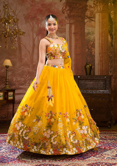 Yellow Threadwork Tissue Readymade Lehenga-Koskii