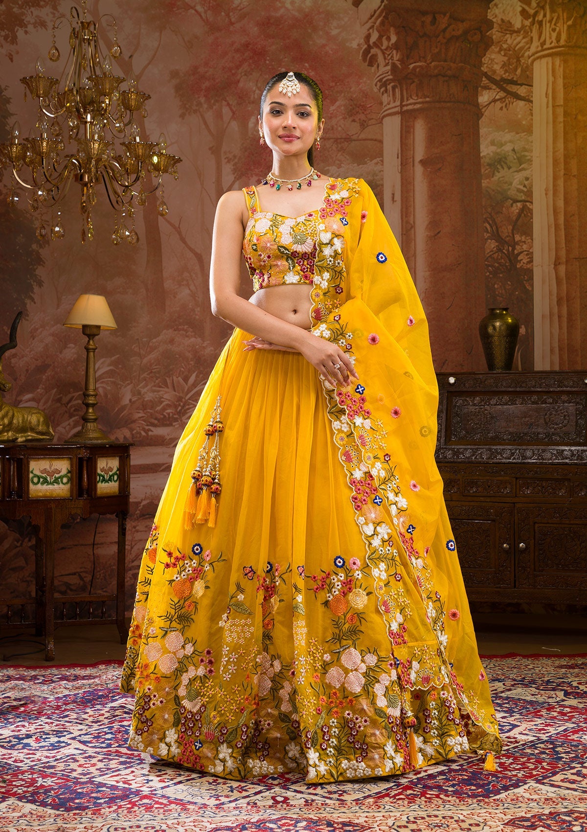 Yellow Threadwork Tissue Readymade Lehenga-Koskii