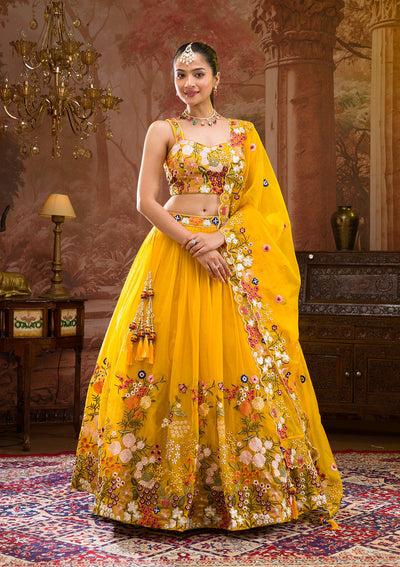 Yellow Threadwork Tissue Readymade Lehenga-Koskii