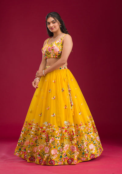 Yellow Threadwork Tissue Readymade Lehenga