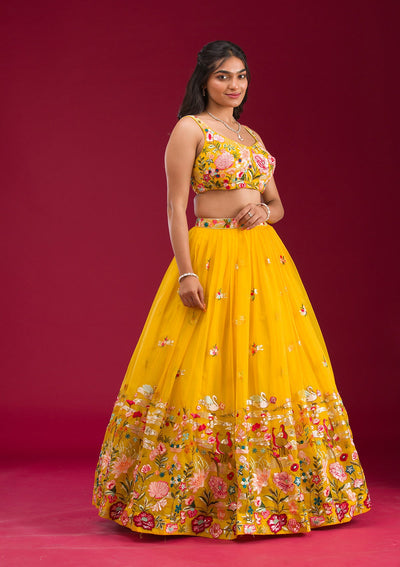 Yellow Threadwork Tissue Readymade Lehenga