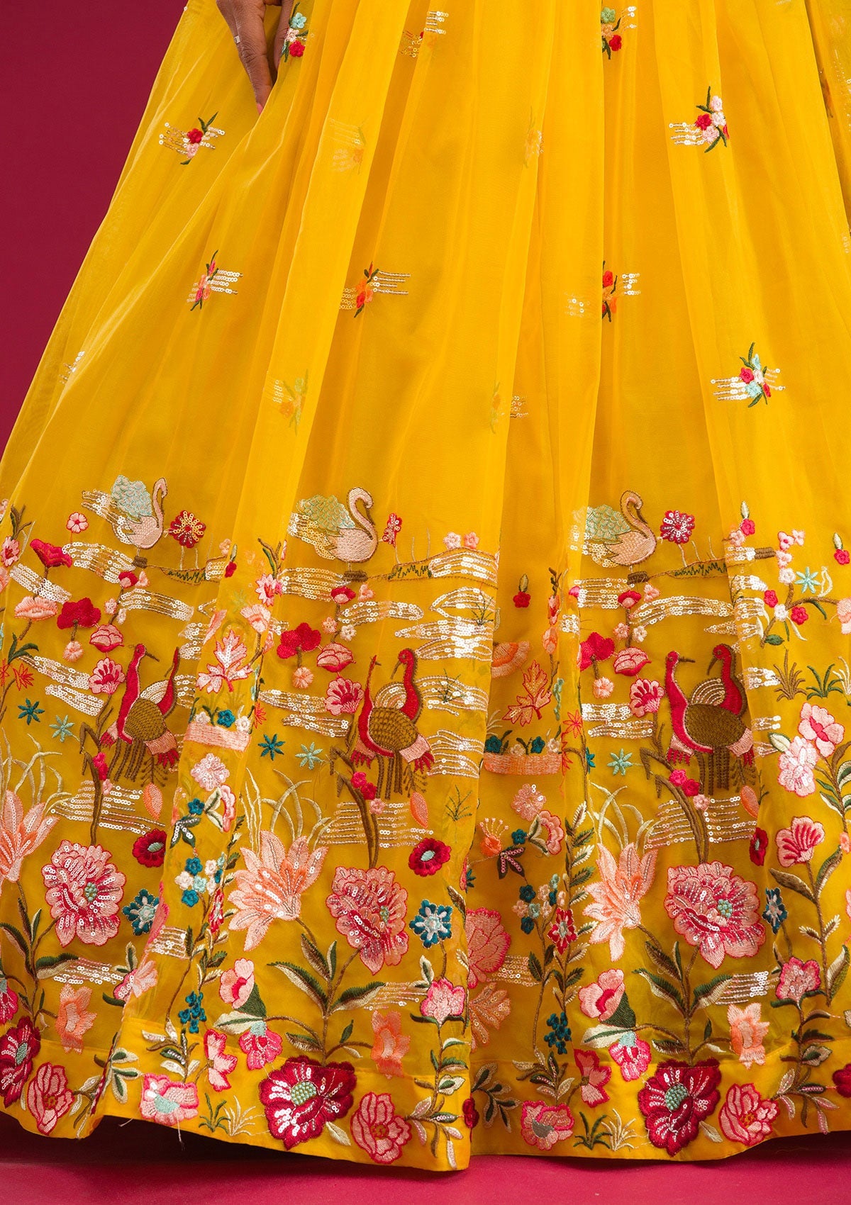 Yellow Threadwork Tissue Readymade Lehenga