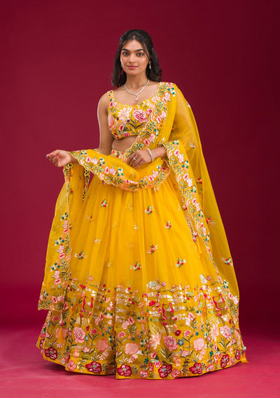 Yellow Threadwork Tissue Readymade Lehenga-Koskii