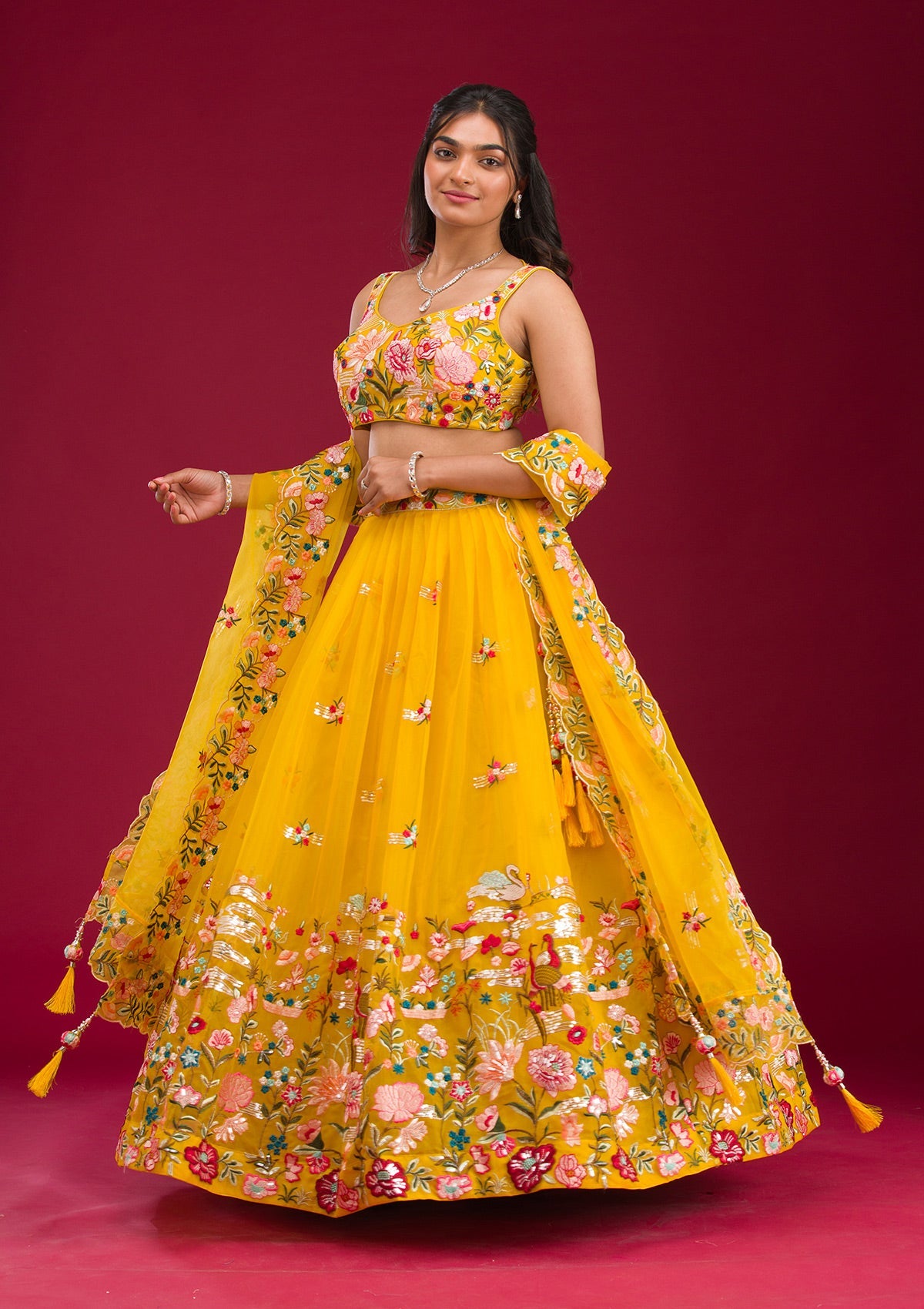 Yellow Threadwork Tissue Readymade Lehenga