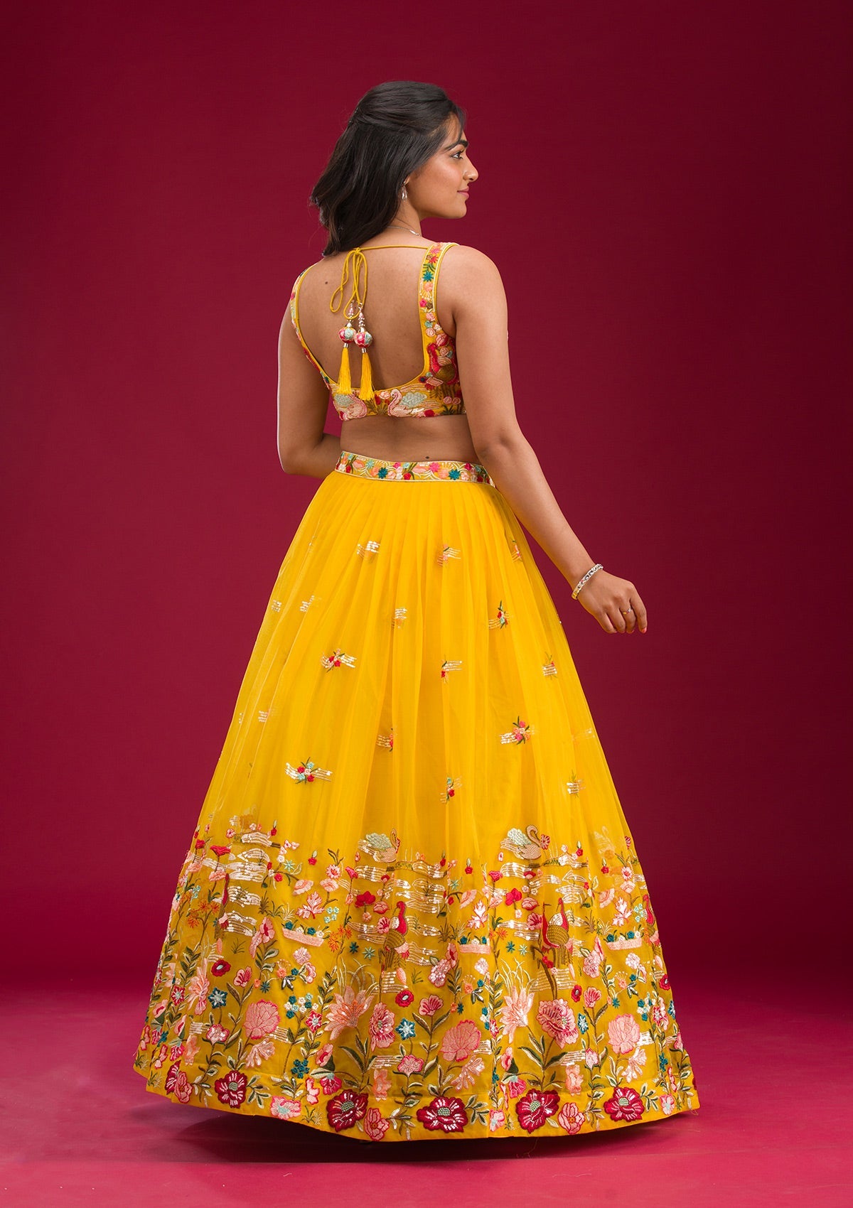 Yellow Threadwork Tissue Readymade Lehenga