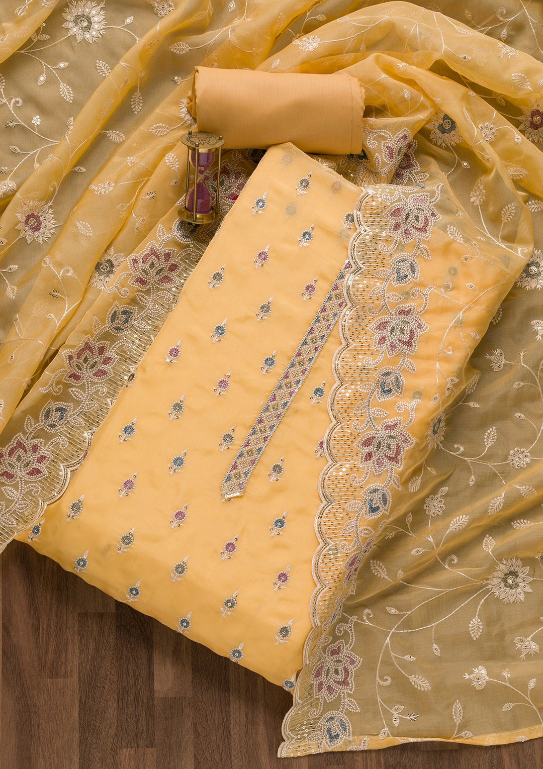 Yellow Threadwork Tissue Unstitched Salwar Suit-Koskii