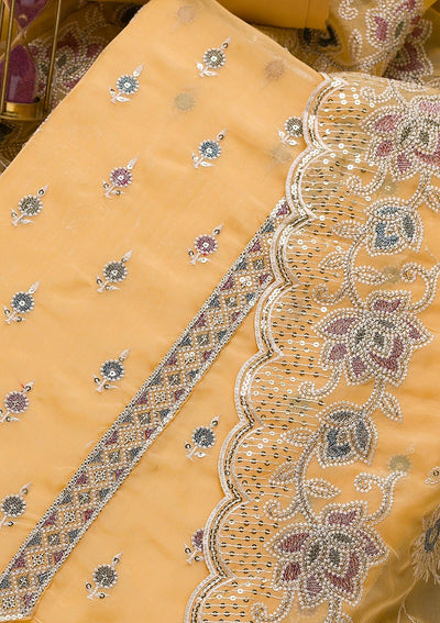 Yellow Threadwork Tissue Unstitched Salwar Suit-Koskii