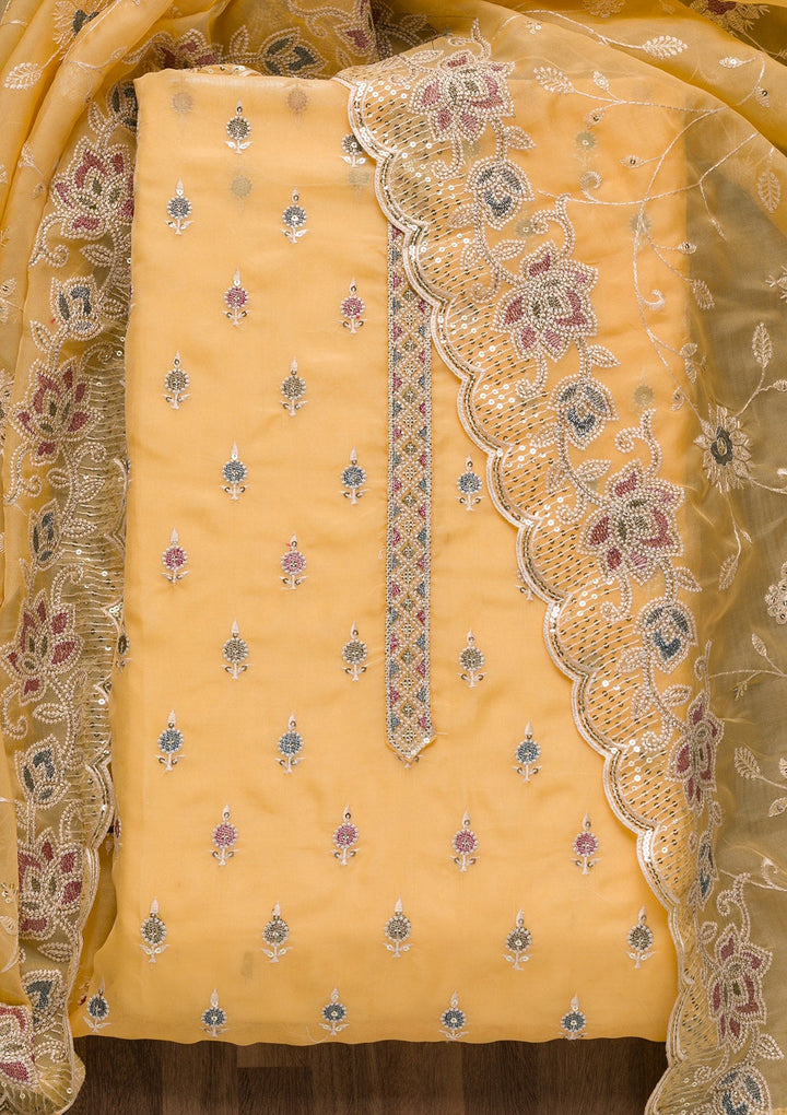 Yellow Threadwork Tissue Unstitched Salwar Suit-Koskii
