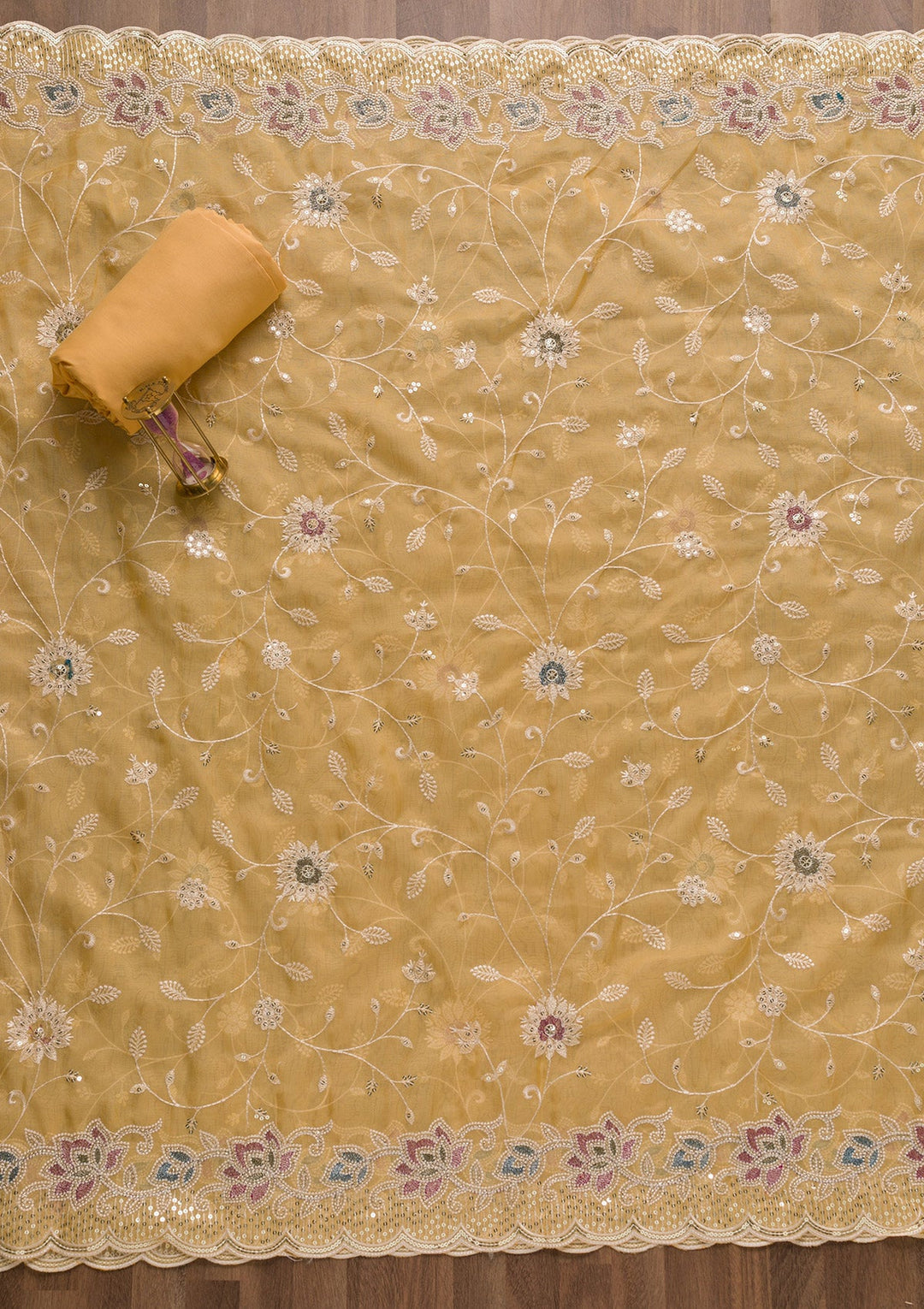 Yellow Threadwork Tissue Unstitched Salwar Suit-Koskii