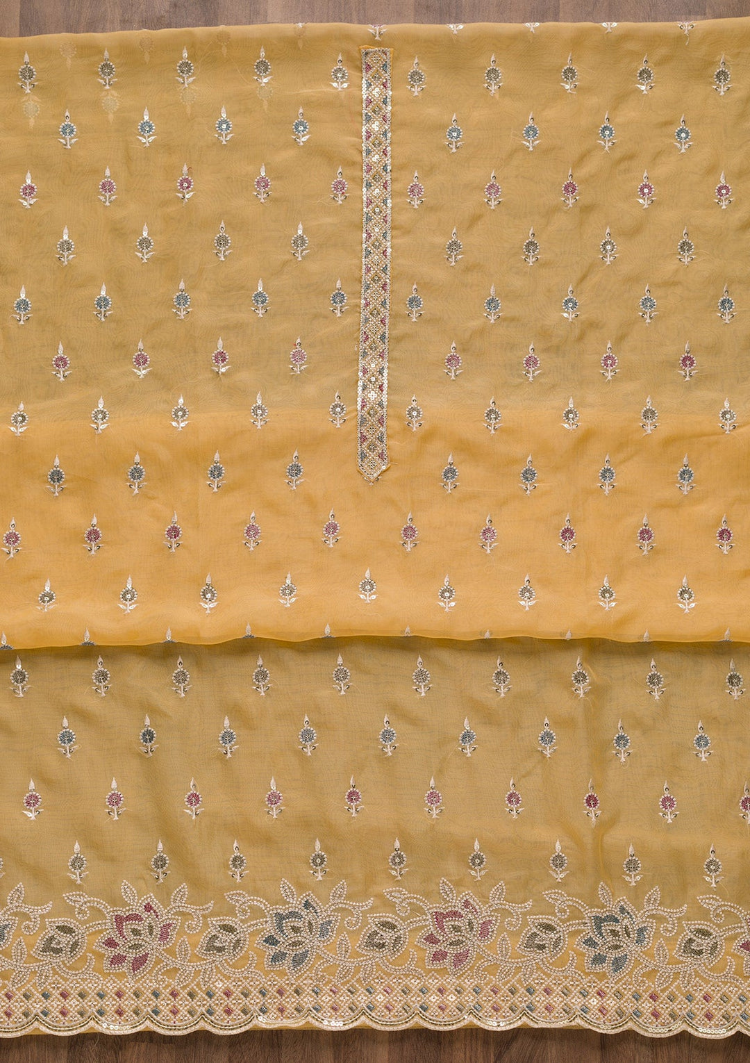 Yellow Threadwork Tissue Unstitched Salwar Suit-Koskii