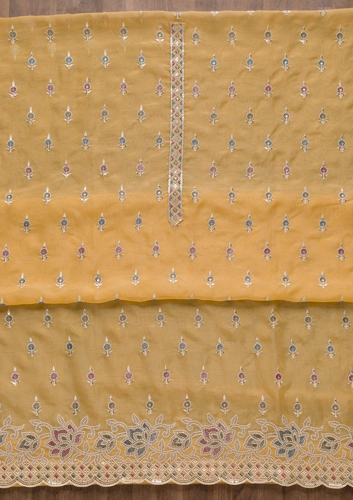 Yellow Threadwork Tissue Unstitched Salwar Suit-Koskii