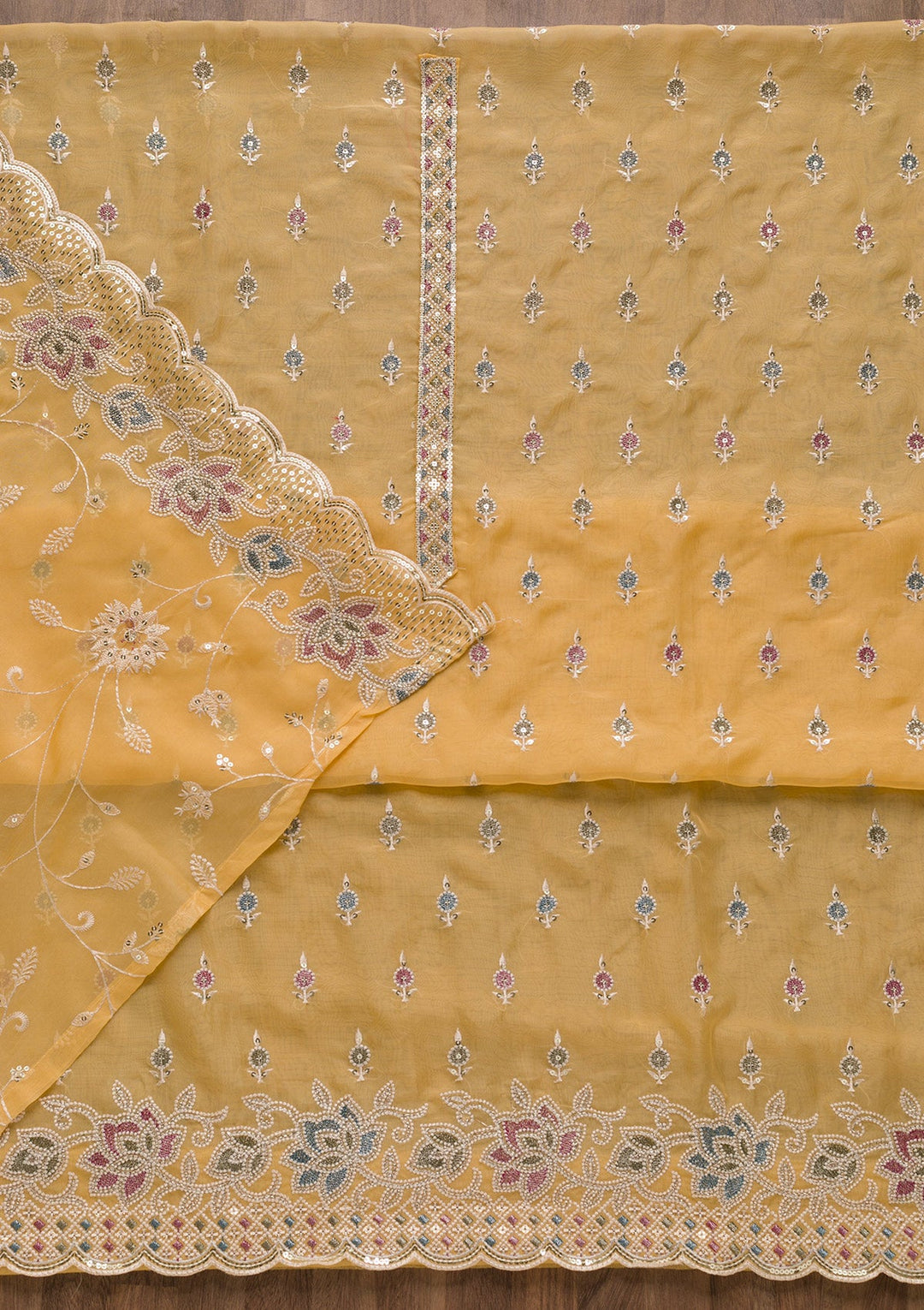 Yellow Threadwork Tissue Unstitched Salwar Suit-Koskii