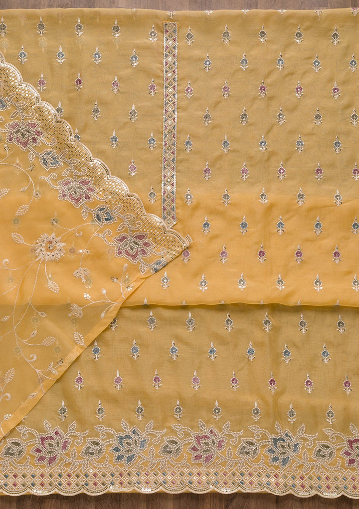 Yellow Threadwork Tissue Unstitched Salwar Suit-Koskii