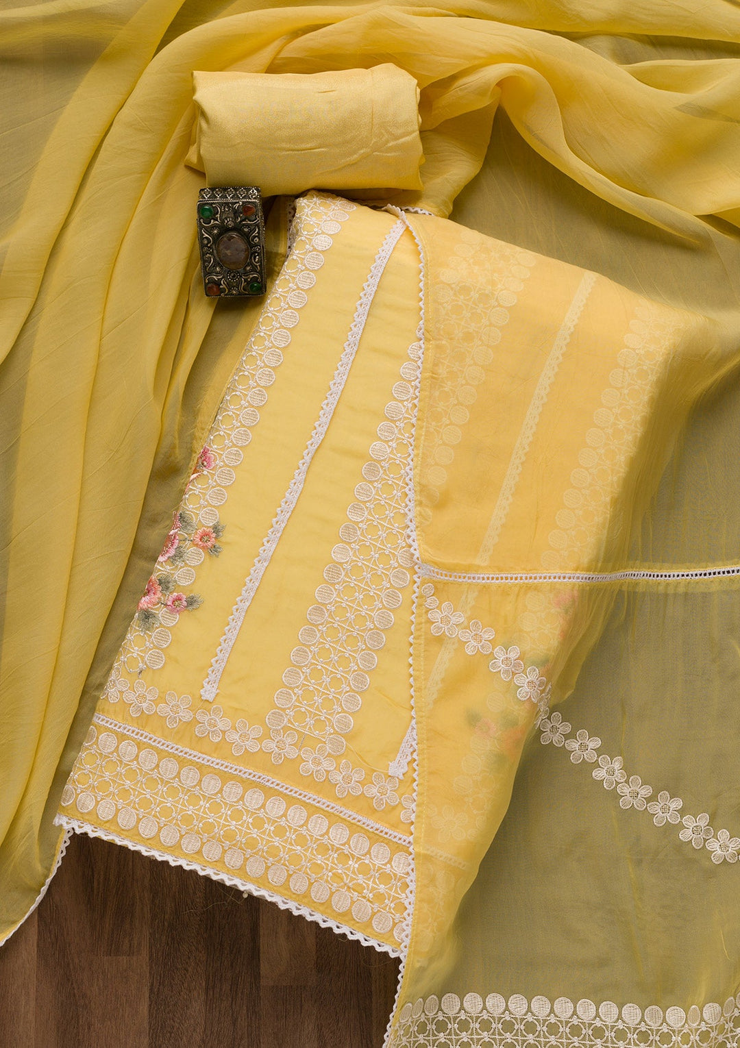 Yellow Threadwork Tissue Unstitched Salwar Suit-Koskii