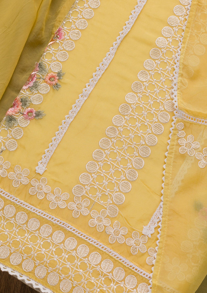 Yellow Threadwork Tissue Unstitched Salwar Suit-Koskii