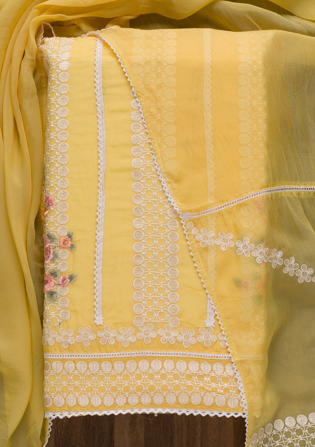 Yellow Threadwork Tissue Unstitched Salwar Suit-Koskii