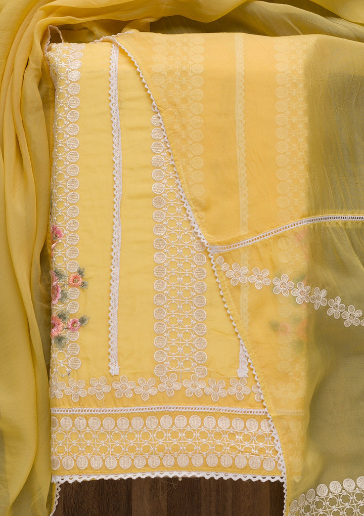Yellow Threadwork Tissue Unstitched Salwar Suit-Koskii